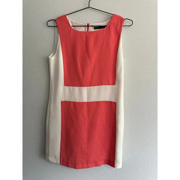Zara Basic Coral White Colorblock Mod 70s inspired Sheath Sleeveless Dress Sz M - Picture 2 of 12